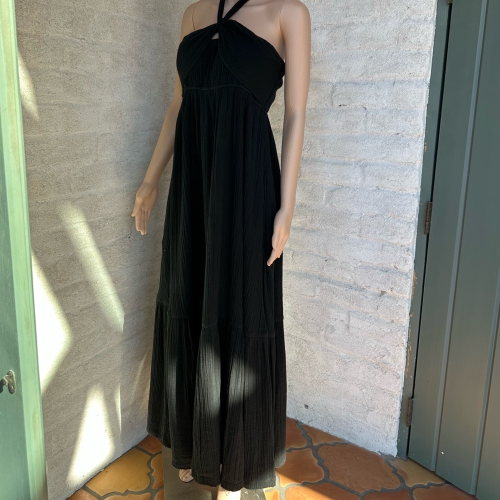 ANAAK Black Cotton Gauze Maxi Dress, Sash Tie Neck, Side Pockets.